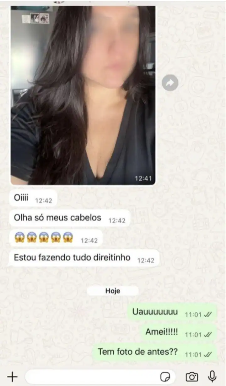 Depoimento WhatsApp: cliente perguntando se tem foto de antes