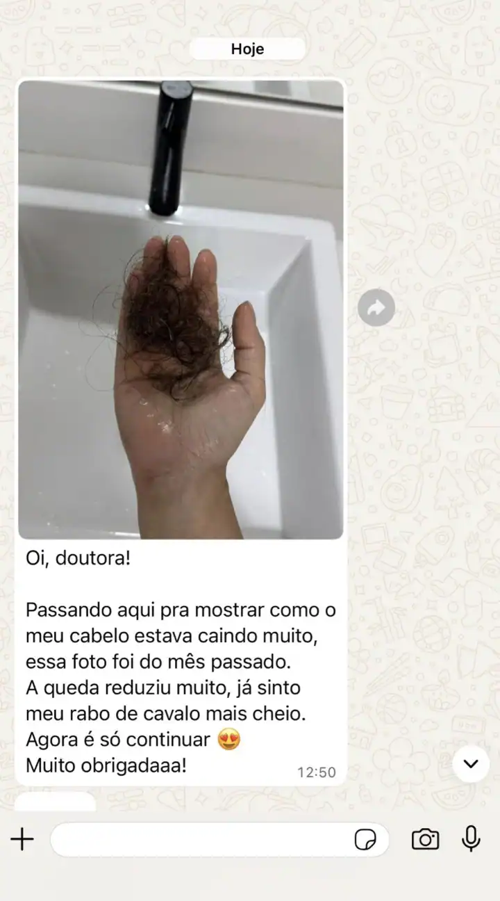 Depoimento WhatsApp: cliente mostrando queda reduzida, agradecendo