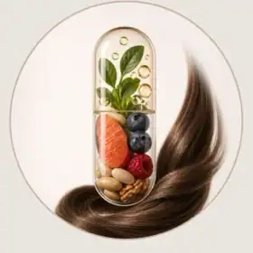 Cápsula transparente com frutas, salmão e mecha de cabelo