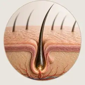 Ilustração anatômica do folículo capilar com vasos sanguíneos